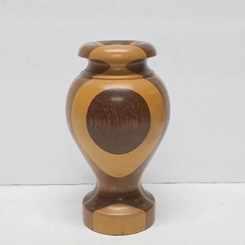 Vintage Hand Turned Wood Marquetry Bud Vase Segmented Layered Mosaic Rustic - Picture 2 of 9
